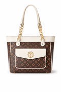 Brown & White Logo Print Tote Bag – Faux Leather Fashion Bag