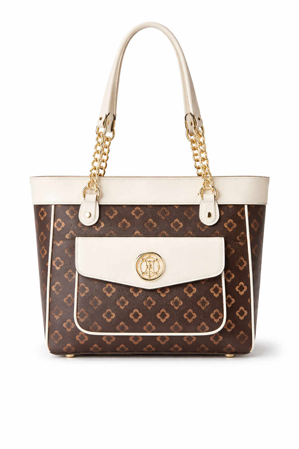 Brown & White Logo Print Tote Bag – Faux Leather Fashion Bag